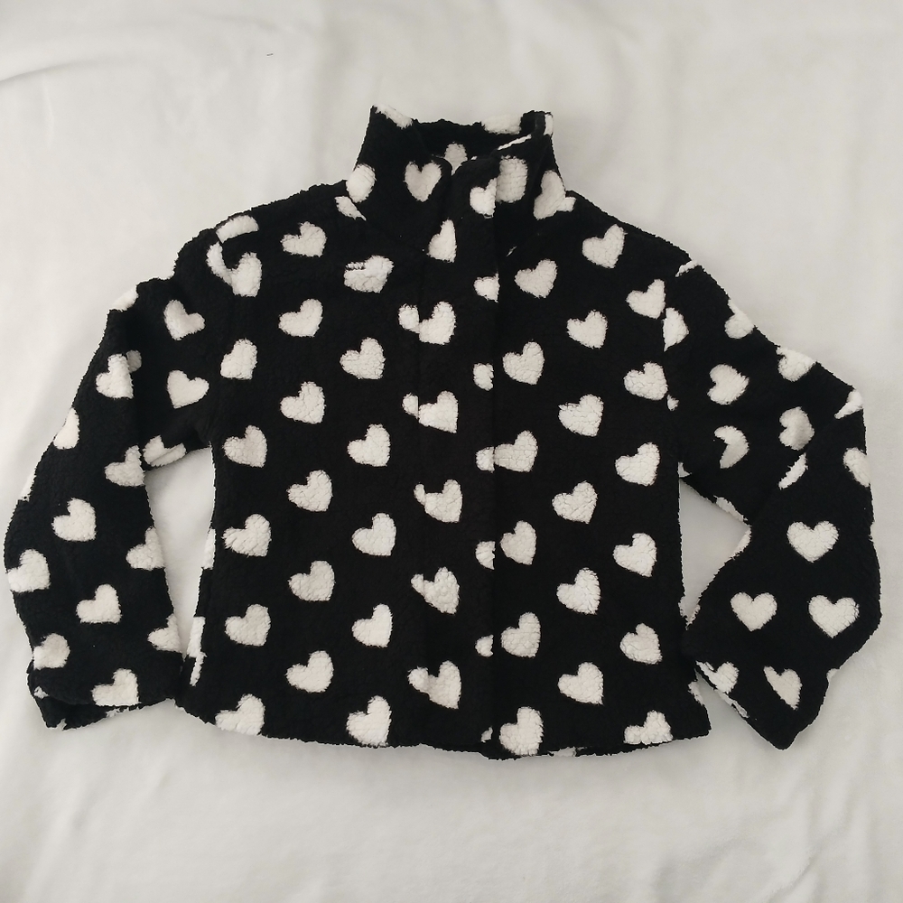 Love Squared Girls Hearts Fleece Snap Closure Jacket Black And White Size 14 (L)